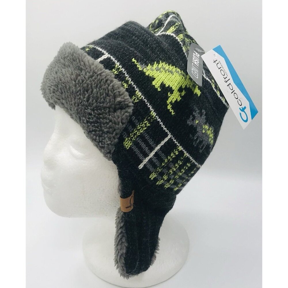 Cold Front Beanie Hat Boys Size 4-7 Dinosaur Faux Fur Gray Green Ear Flap